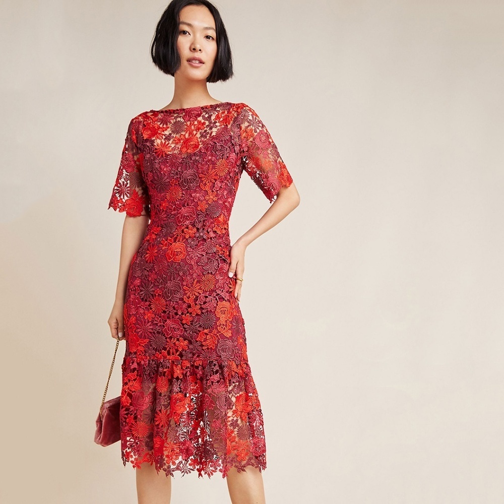 Eva Franco Anthropologie Embroidered Flounce Dress Floral Lace wedding prom